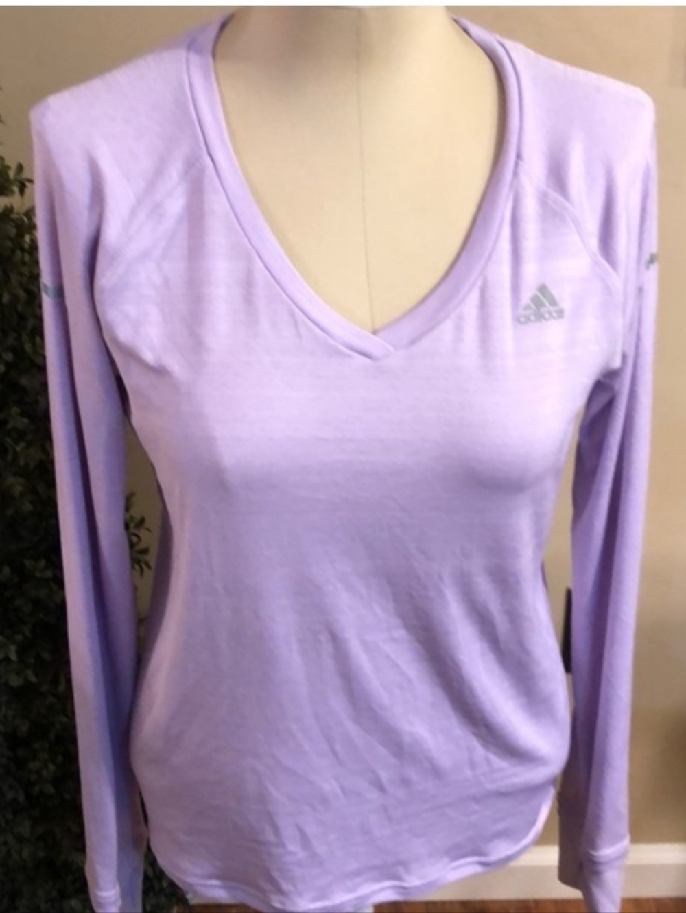 Adidas Lavender Long Sleeve V-Neck Athletic Tee, Thumb Holes, Reflective Detail